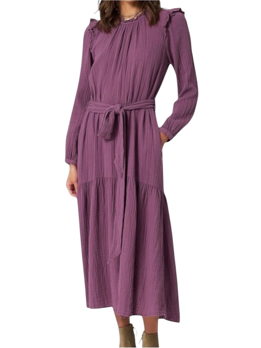 XiRENA Mia Cotton Gauze Long Sleeve Ruffle Round Neck Belted Tiered Midi Dress